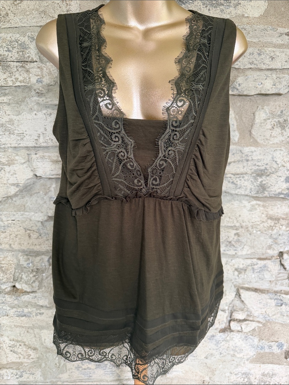 Lace-Trim Olive Green Women's Top